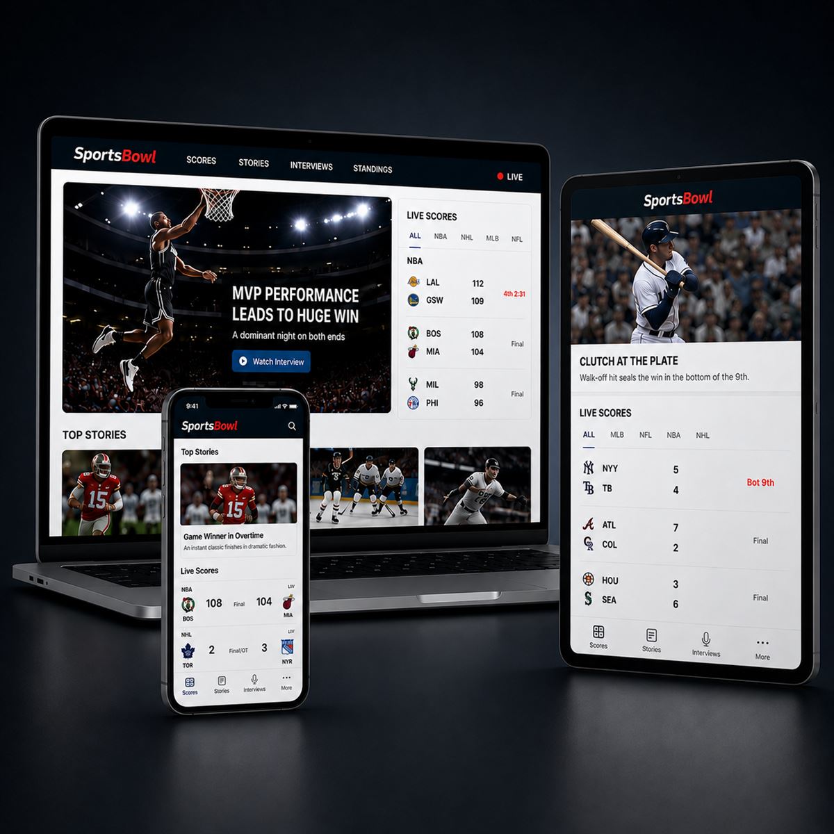 Scores and stories on laptop, tablet and phone